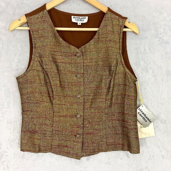 Vintage Stephanie Queller Ribbed Silk Vest Size 8 Sparkle Gold Academia USA NEW - Picture 1 of 14